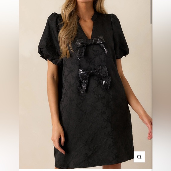 Sold NEW midnight glitz black puff sleeve bow pattern bow sequin jacquard dresss - Picture 10 of 11